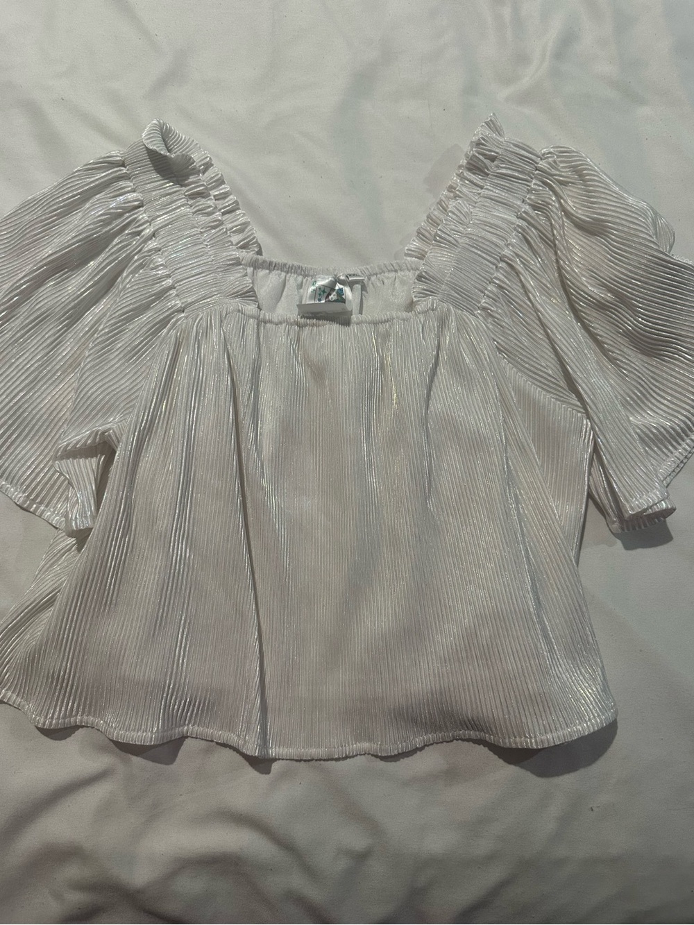 Queen of Sparkles, Shimmery White Pleated Puff-Sleeve Top. Girls xxl